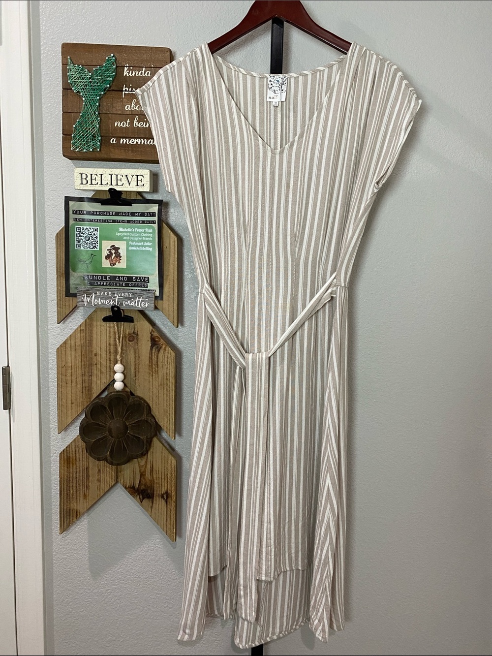 NAIF Cream & White Striped V-Neck High-Low Dress L39-45 rayon linen